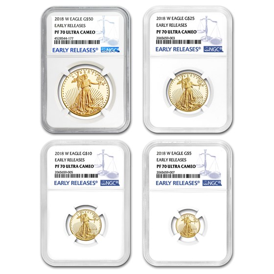 2018-W 4-Coin Proof Gold American Eagle Set PF-70 NGC (ER) 2018-W 4-Coin Proof Gold American Eagle Set PF-70 NGC (ER)